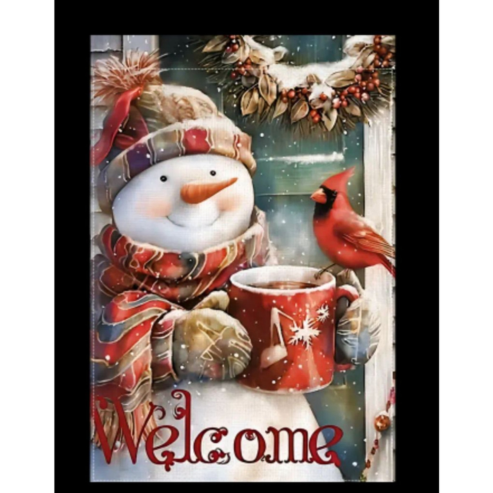 Welcome Snowman with Red Cardinal Garden Flag